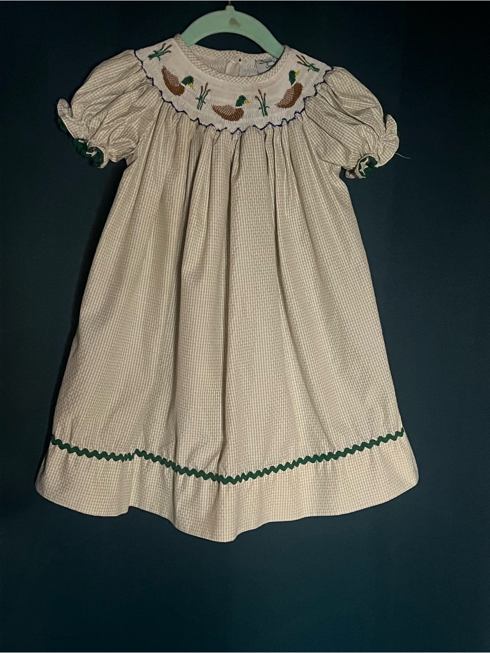 Smocked Duck Motif Cream Kids Dress with Green Trim